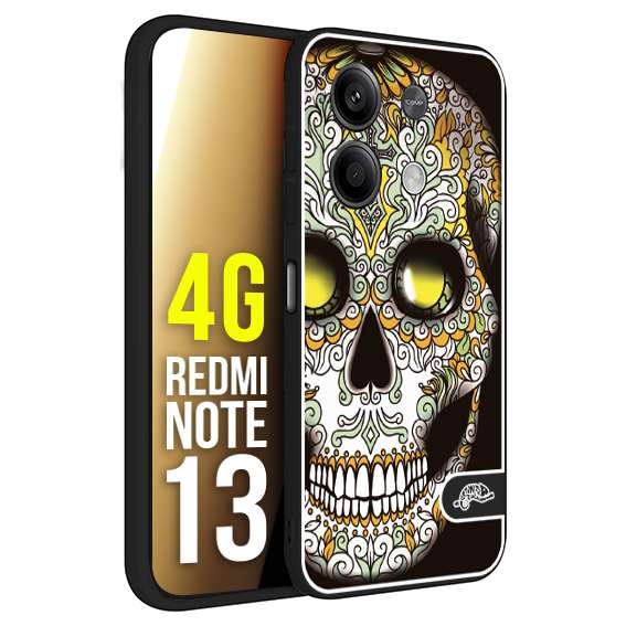 CUSTOMIZZA - Custodia cover nera morbida in tpu compatibile per Xiaomi Redmi Note 13 4G teschio messicano Mexican skull bianco verde giallo