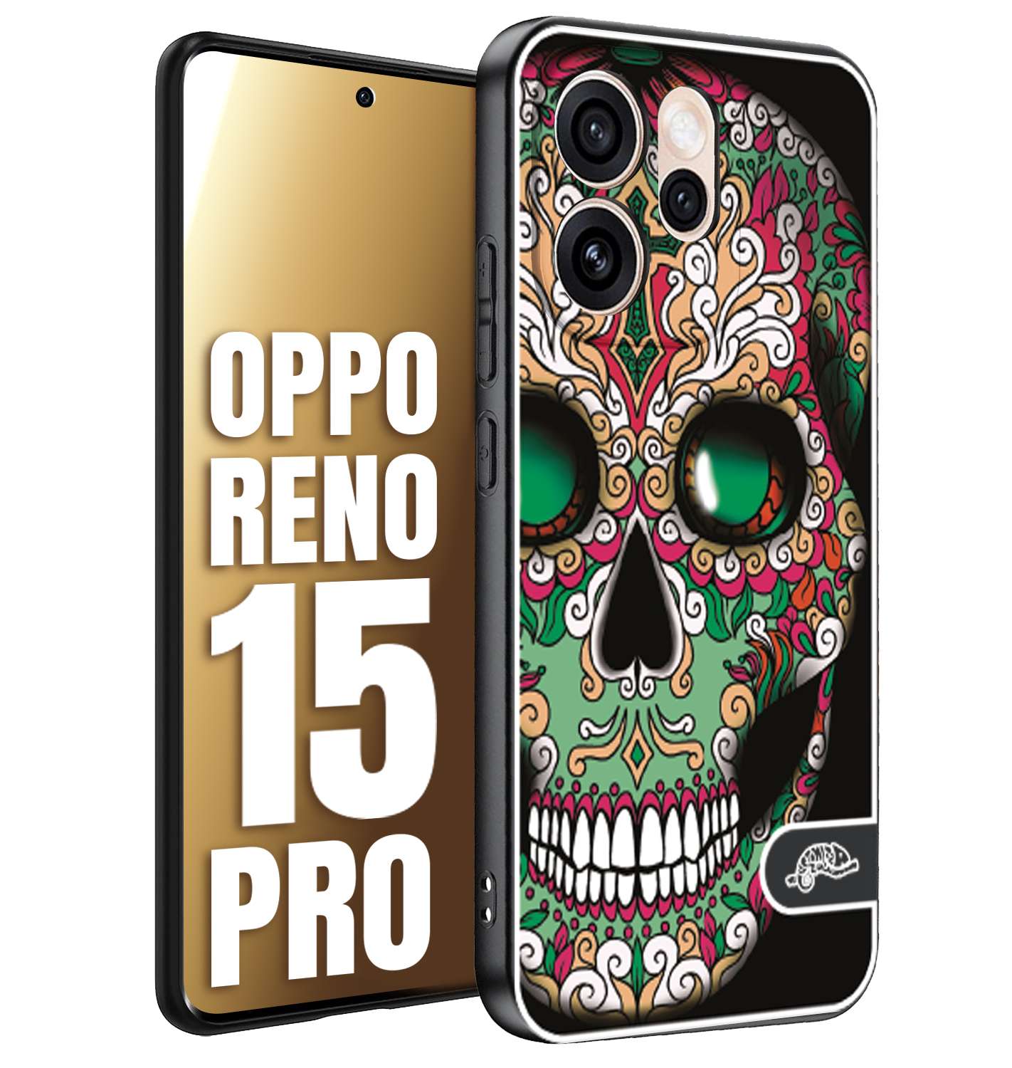 CUSTOMIZZA - Custodia cover nera morbida in tpu compatibile per Oppo Reno 15 PRO teschio messicano Mexican skull verde fucsia