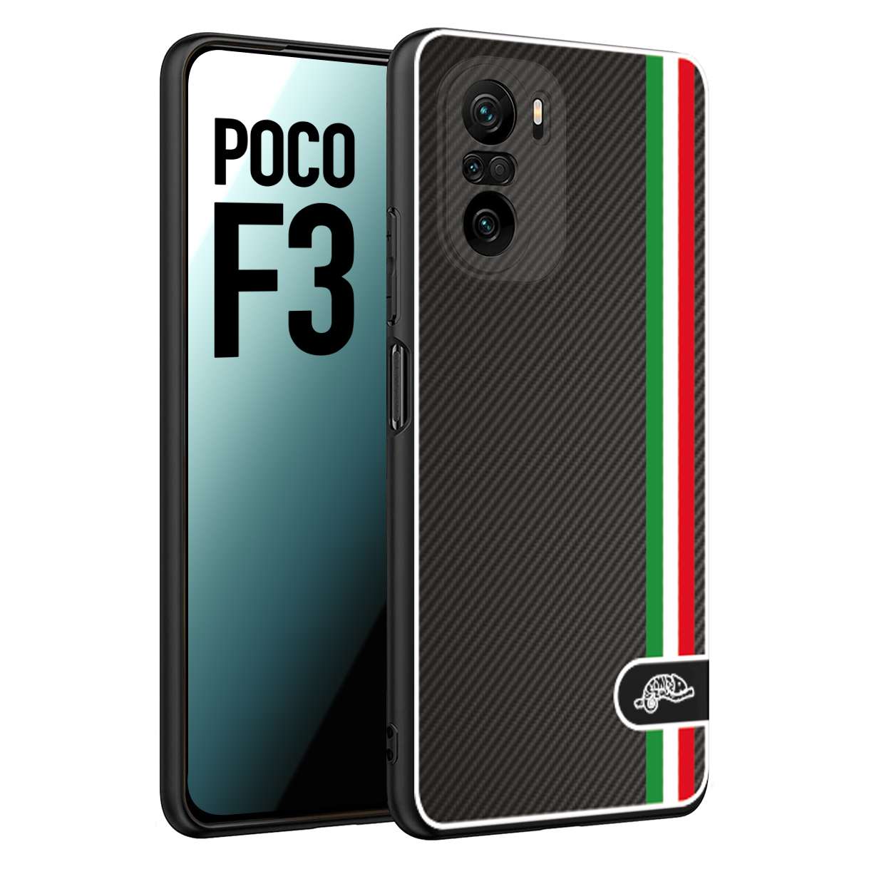 CUSTOMIZZA - Custodia cover nera morbida in tpu compatibile per Xiaomi Poco F3 effetto fibra di carbonio bandiera Italia made in Italy