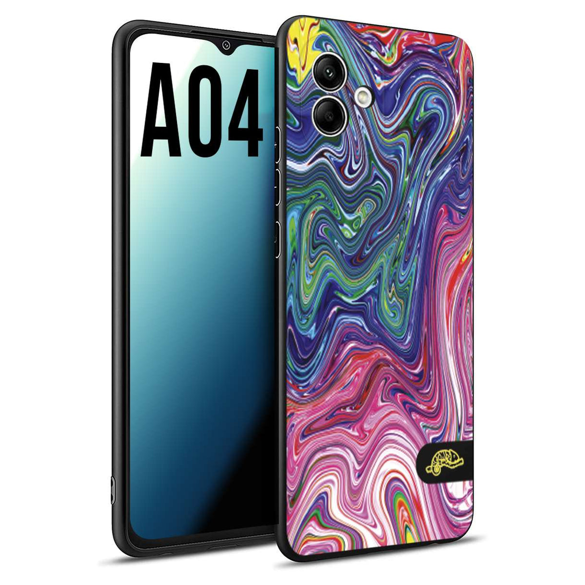 CUSTOMIZZA - Custodia cover nera morbida in tpu compatibile per Samsung A04 colorata fantasia vortice marmo arcobaleno rosa blu fucsia