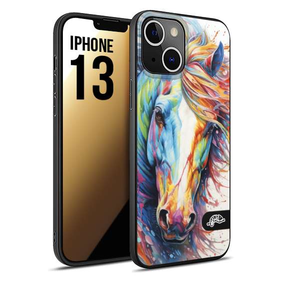 CUSTOMIZZA - Custodia cover nera morbida in tpu compatibile per iPhone 13 animali color cavallo horse viso colori vibranti disegnato schizzo