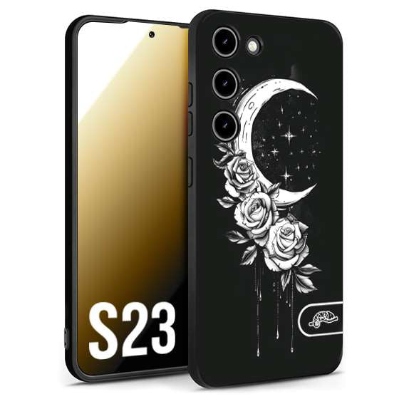 CUSTOMIZZA - Custodia cover nera morbida in tpu compatibile per Samsung S23 luna e fiori moon flowers black and white bianco a rilievo disegnato