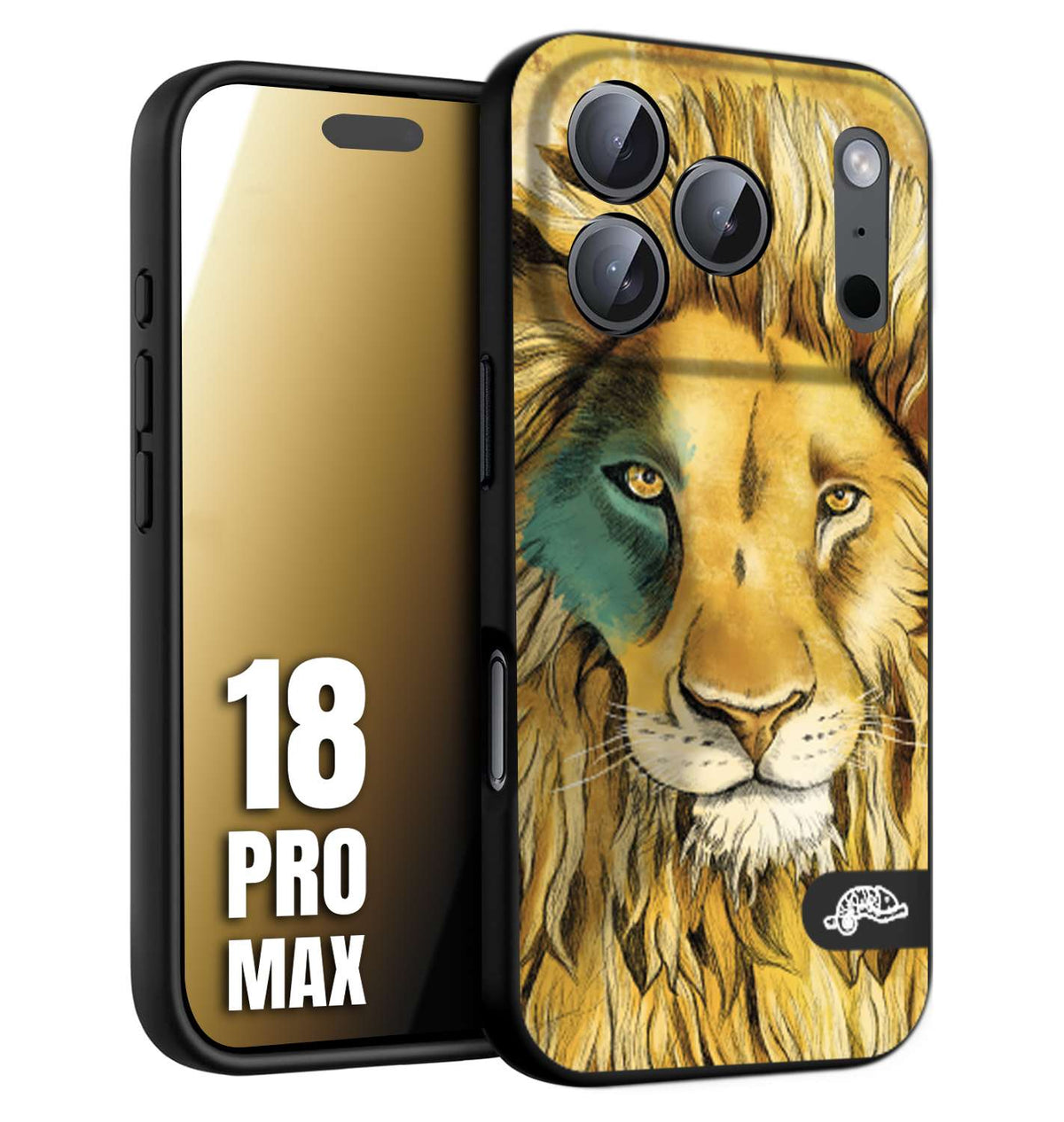 CUSTOMIZZA - Custodia cover nera morbida in tpu compatibile per iPhone 18 PRO MAX leone lion disegnato a mano giallo blu a rilievo artistico brown