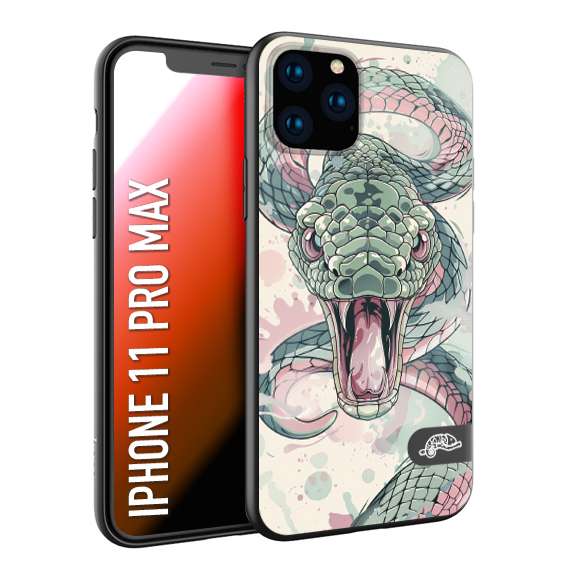 CUSTOMIZZA - Custodia cover nera morbida in tpu compatibile per iPhone 11 PRO MAX snake pink green serpente tatuaggio tattoo disegnato a mano