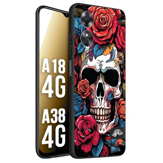 CUSTOMIZZA - Custodia cover nera morbida in tpu compatibile per Oppo A18 4G - A38 4G teschio skull flowers fiori rose rosse tattoo disegnato