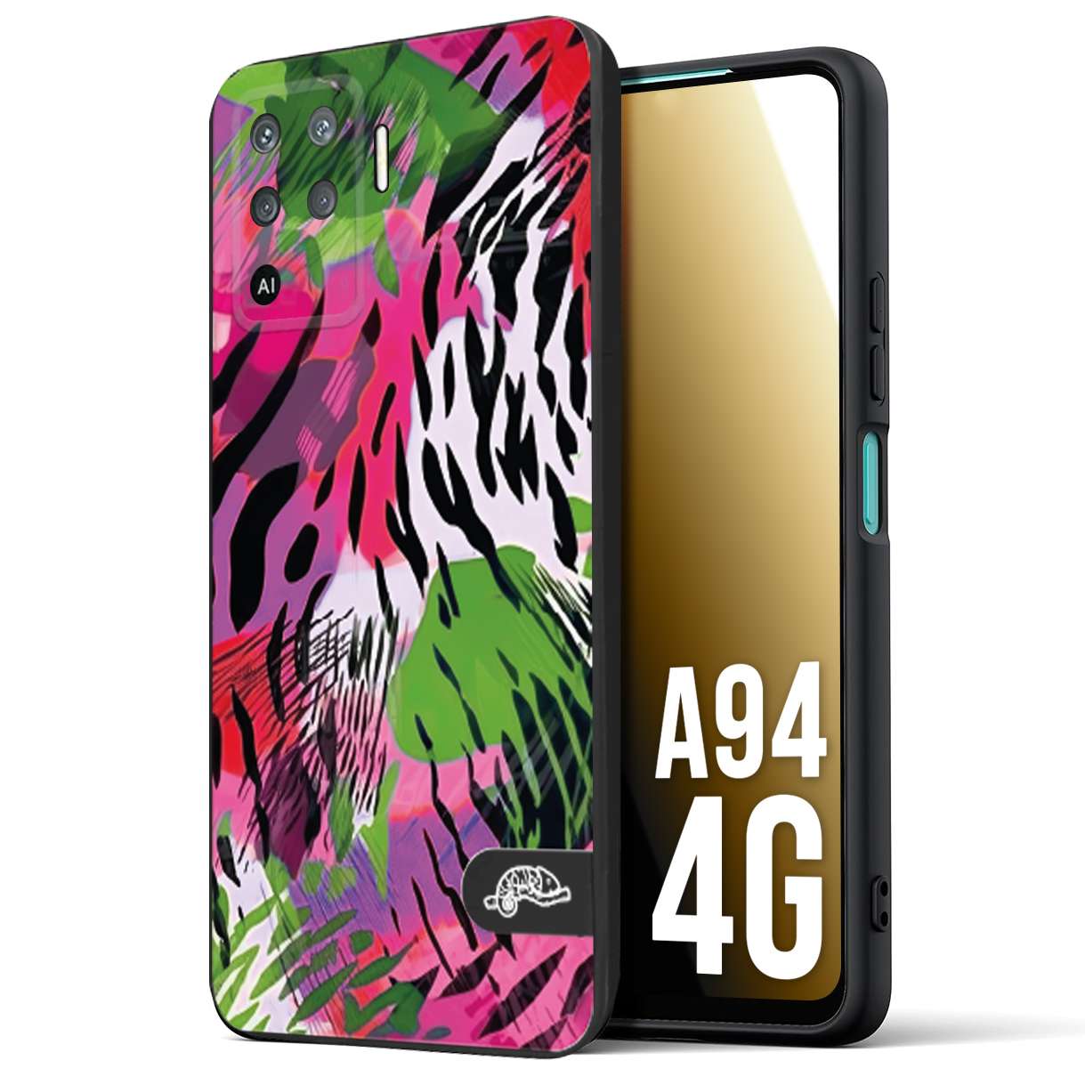 CUSTOMIZZA - Custodia cover nera morbida in tpu compatibile per Oppo A94 4G leopardato tigrato tiger colorata summer color verde fucsia