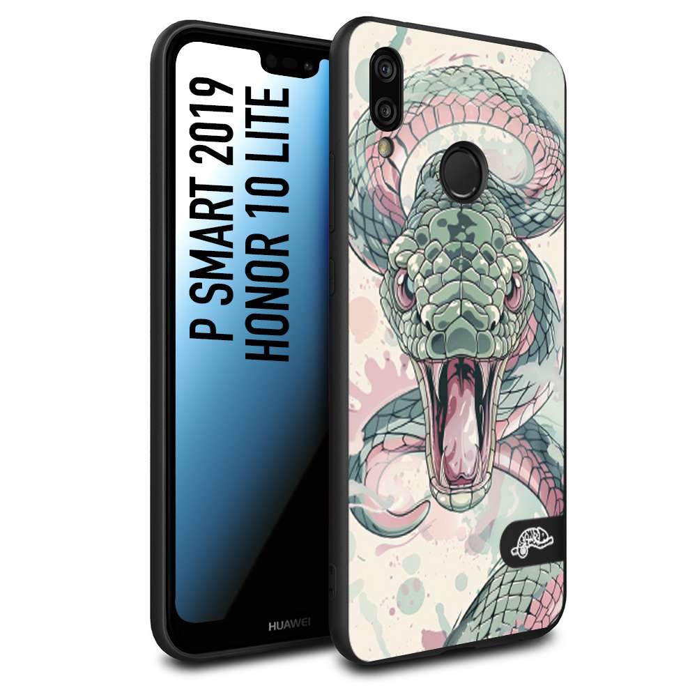 CUSTOMIZZA - Custodia cover nera morbida in tpu compatibile per Huawei P Smart 2019 snake pink green serpente tatuaggio tattoo disegnato a mano