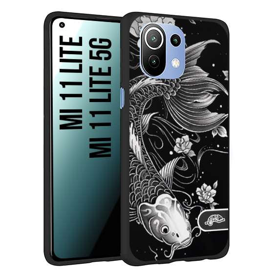 CUSTOMIZZA - Custodia cover nera morbida in tpu compatibile per Xiaomi Mi 11 Lite / Mi 11 Lite 5G carpa koi black and white bianco a rilievo disegnato tattoo tatuaggio