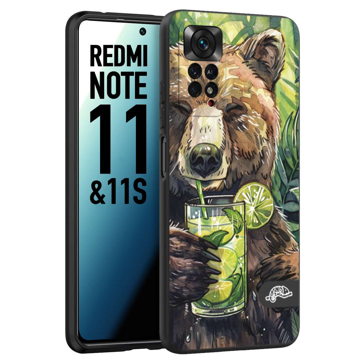CUSTOMIZZA - Custodia cover nera morbida in tpu compatibile per Xiaomi Redmi Note 11 - Note 11S fiori estate disegnata cocktails animali simpatici orso bear negroni