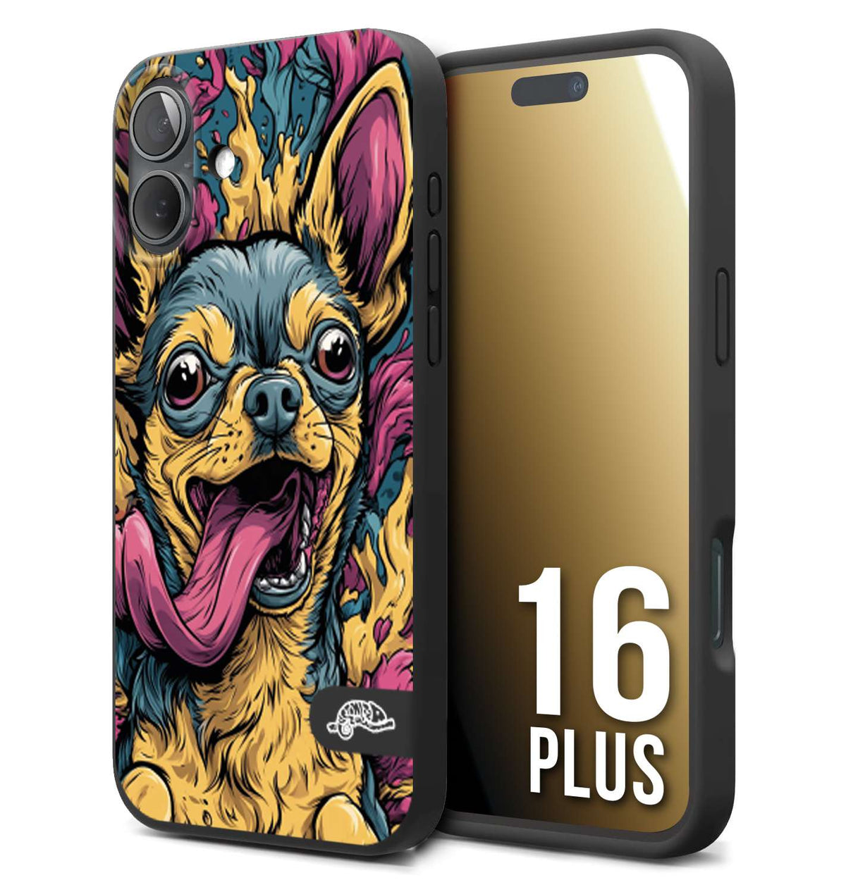 CUSTOMIZZA - Custodia cover nera morbida in tpu compatibile per iPhone 16 PLUS Chihuahua illustrazione cane pop art cane street art cartone animato