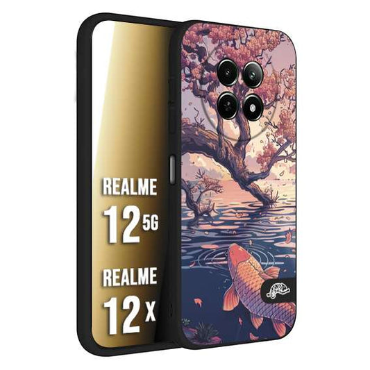 CUSTOMIZZA - Custodia cover nera morbida in tpu compatibile per Realme 12 5G - 12X giapponese lago carpa koi rosa con foglie d'acero disegnata tattoo