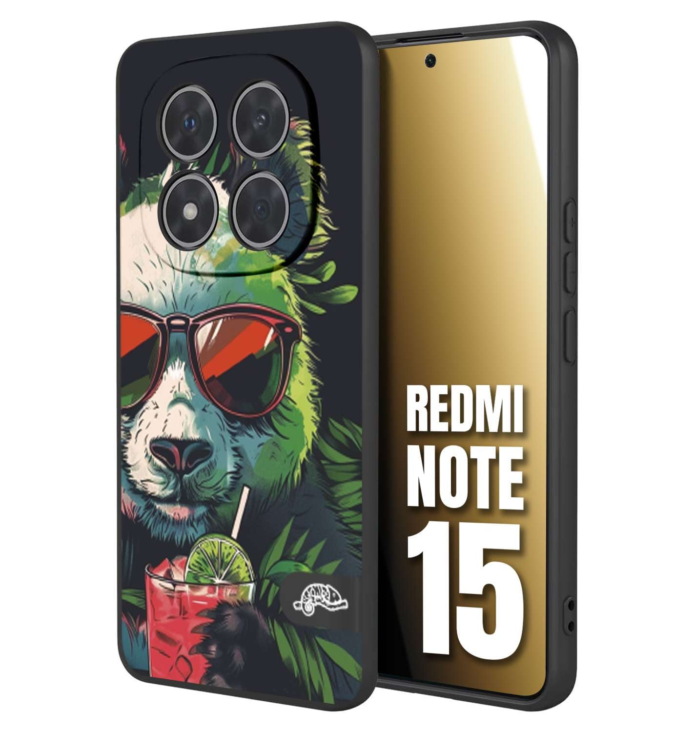 CUSTOMIZZA - Custodia cover nera morbida in tpu compatibile per Xiaomi Redmi Note 15 estate disegnata cocktails animali simpatici panda mojito