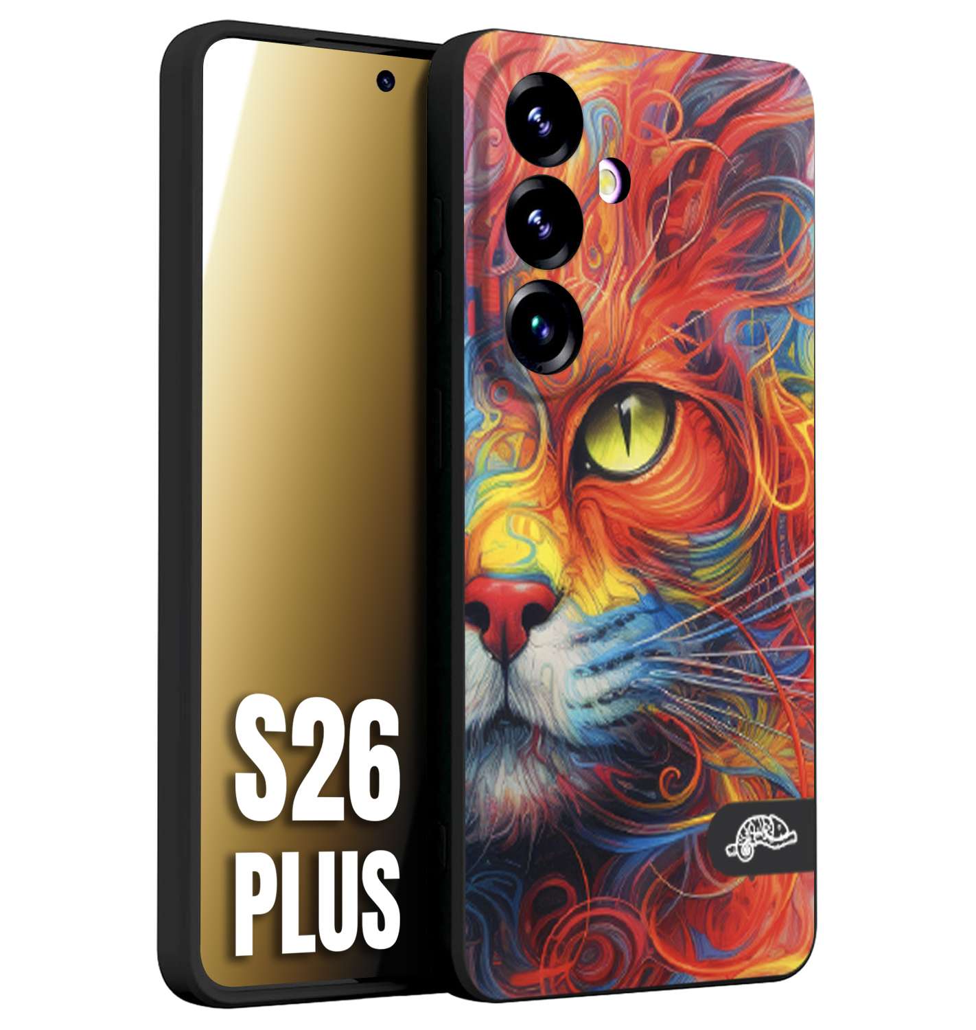 CUSTOMIZZA - Custodia cover nera morbida in tpu compatibile per Samsung S26 PLUS animali color cat gatto viso colori vibranti disegnato schizzo