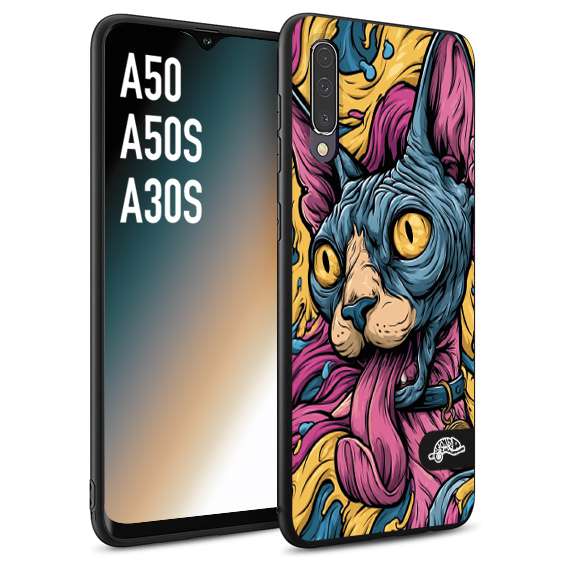 CUSTOMIZZA - Custodia cover nera morbida in tpu compatibile per Samsung A50 - A50S - A30S Sphynx Colorato Pop Art Psichedelico Gatto Blu Rosa Giallo Artistica Fantasy