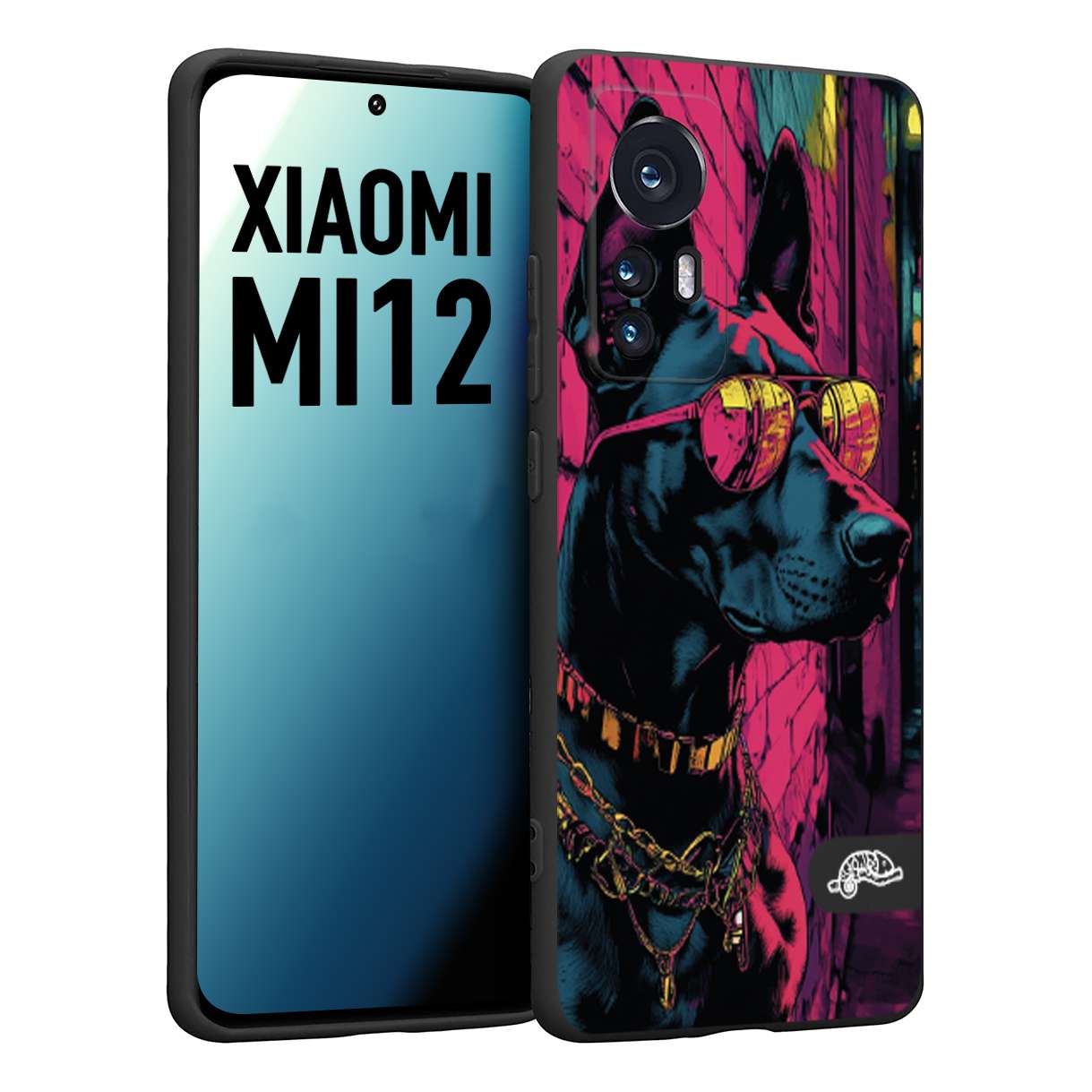 CUSTOMIZZA - Custodia cover nera morbida in tpu compatibile per Xiaomi 12 5G animali cyberpunk dobermann cane street dog fucsia blu