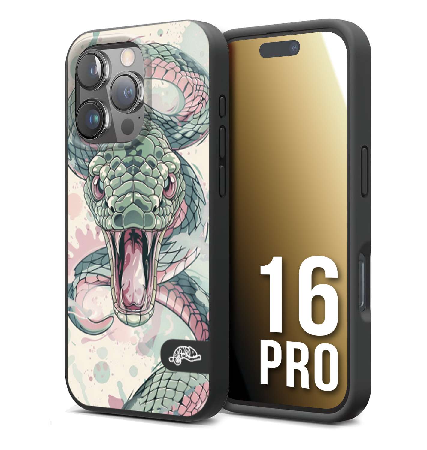CUSTOMIZZA - Custodia cover nera morbida in tpu compatibile per iPhone 16 PRO snake pink green serpente tatuaggio tattoo disegnato a mano