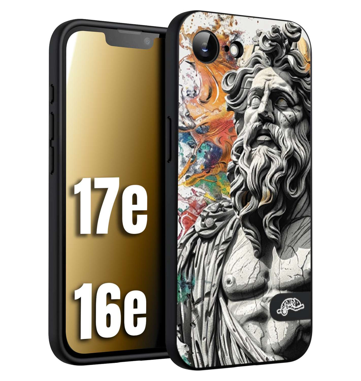 CUSTOMIZZA - Custodia cover nera morbida in tpu compatibile per iPhone 16E - 17E statua colorata moderna antico tattoo splash color