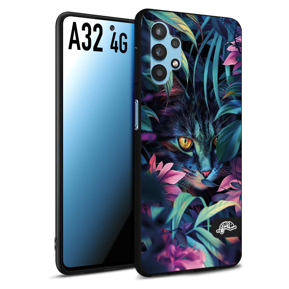 CUSTOMIZZA - Custodia cover nera morbida in tpu compatibile per Samsung A32 4G animali color giungla tropicale occhio di gatto colori vibranti disegnato
