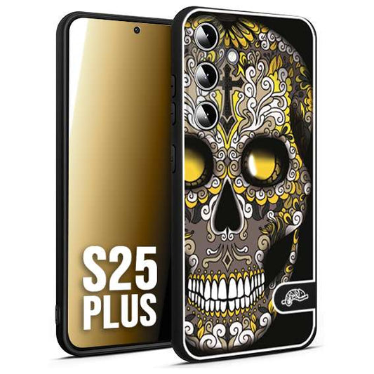 CUSTOMIZZA - Custodia cover nera morbida in tpu compatibile per Samsung S25 PLUS teschio messicano Mexican skull nero giallo