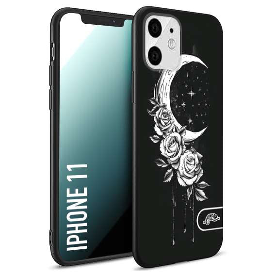 CUSTOMIZZA - Custodia cover nera morbida in tpu compatibile per iPhone 11 luna e fiori moon flowers black and white bianco a rilievo disegnato