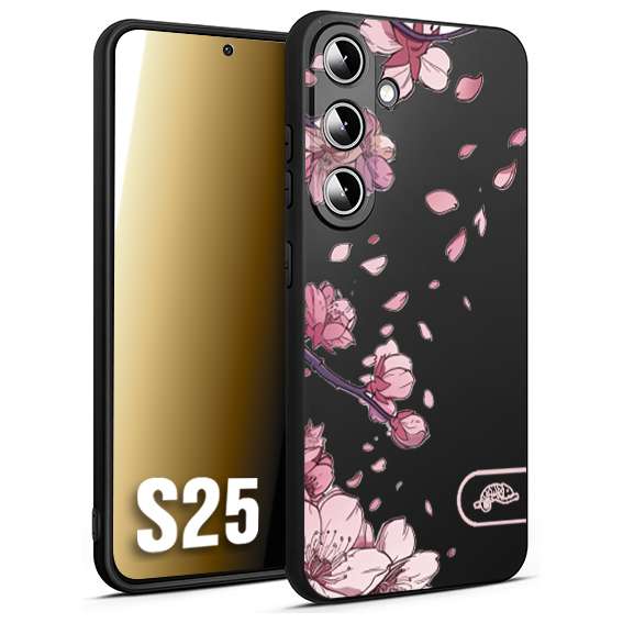 CUSTOMIZZA - Custodia cover nera morbida in tpu compatibile per Samsung S25 giapponese fiori di ciliegio in fiore a rilievo disegnata tattoo