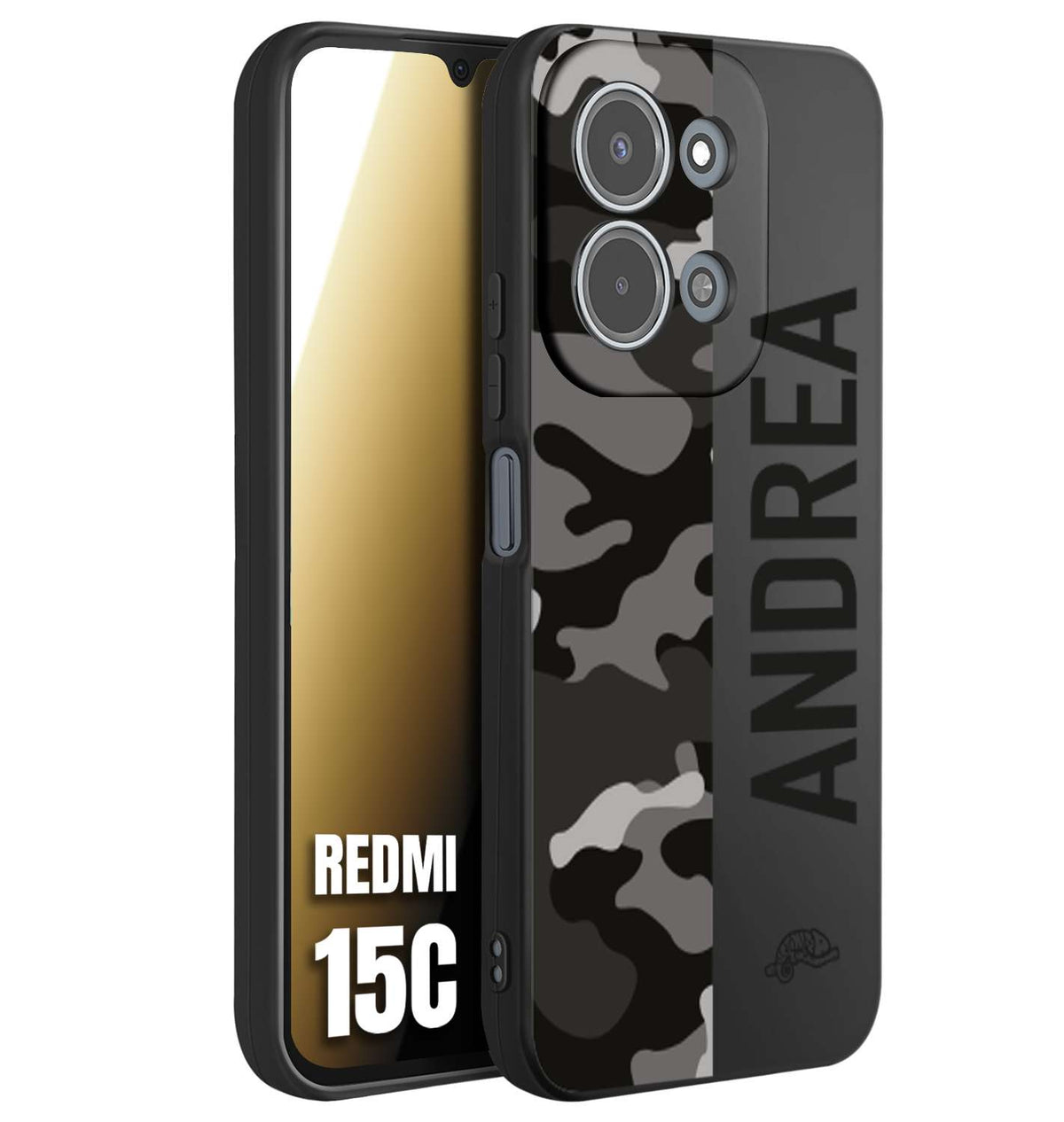 CUSTOMIZZA - Custodia cover nera morbida in tpu compatibile per Xiaomi Redmi 15C camouflage mimetico militare personalizzata nome