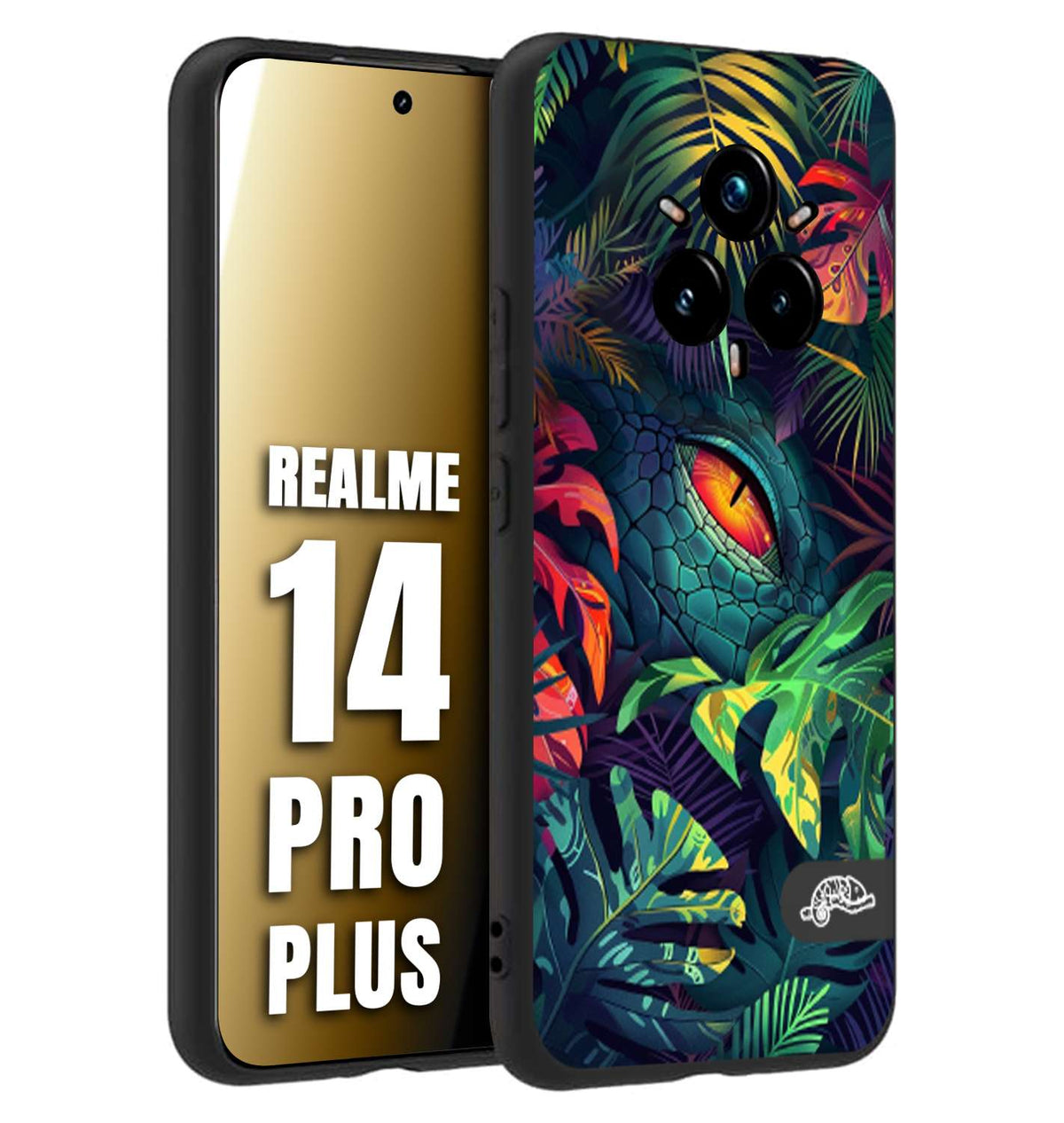 CUSTOMIZZA - Custodia cover nera morbida in tpu compatibile per Realme 14 PRO PLUS animali color giungla tropicale occhio di coccodrillo alligatore disegnato