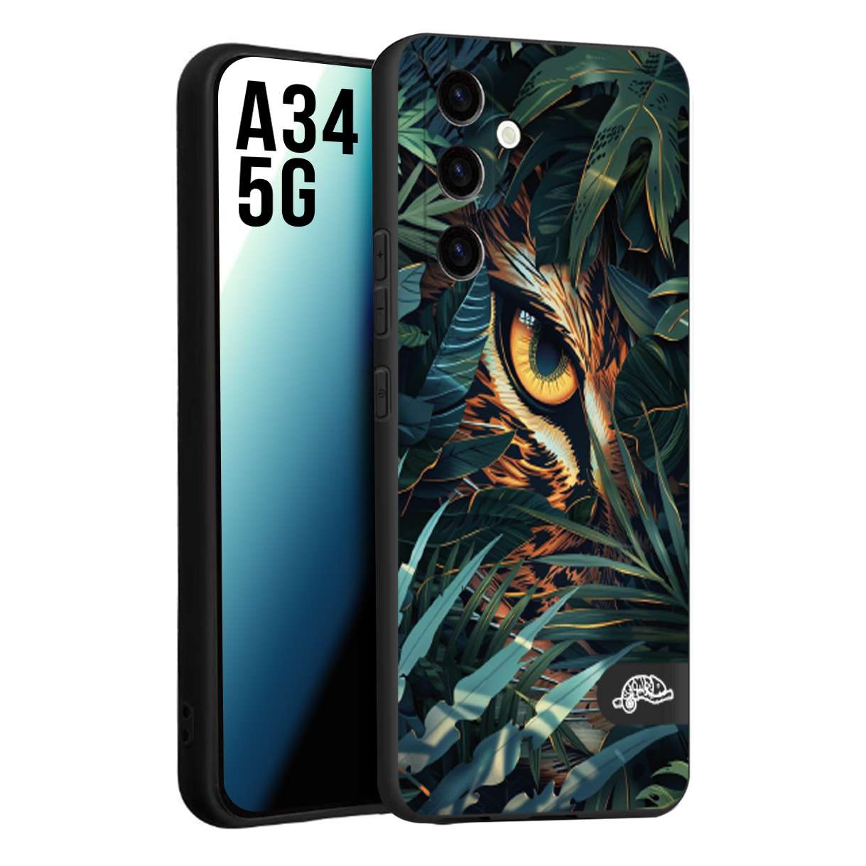 CUSTOMIZZA - Custodia cover nera morbida in tpu compatibile per Samsung A34 5G animali color giungla tropicale occhio di giaguaro felino disegnato
