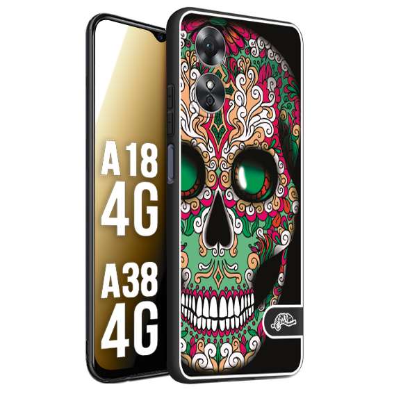 CUSTOMIZZA - Custodia cover nera morbida in tpu compatibile per Oppo A18 4G - A38 4G teschio messicano Mexican skull verde fucsia