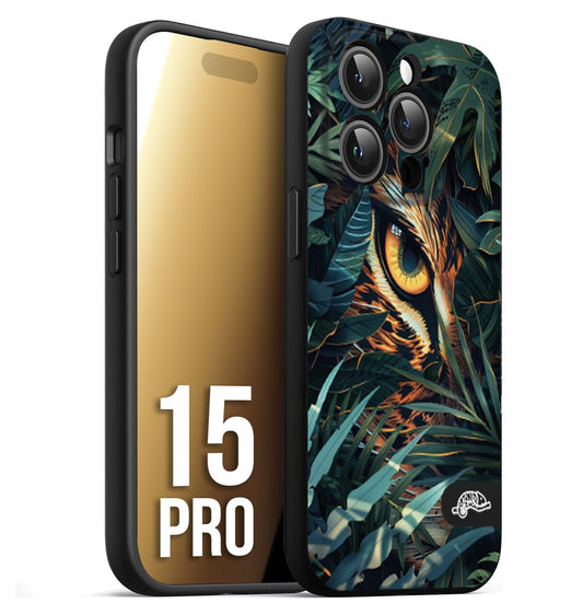 CUSTOMIZZA - Custodia cover nera morbida in tpu compatibile per iPhone 15 PRO animali color giungla tropicale occhio di giaguaro felino disegnato