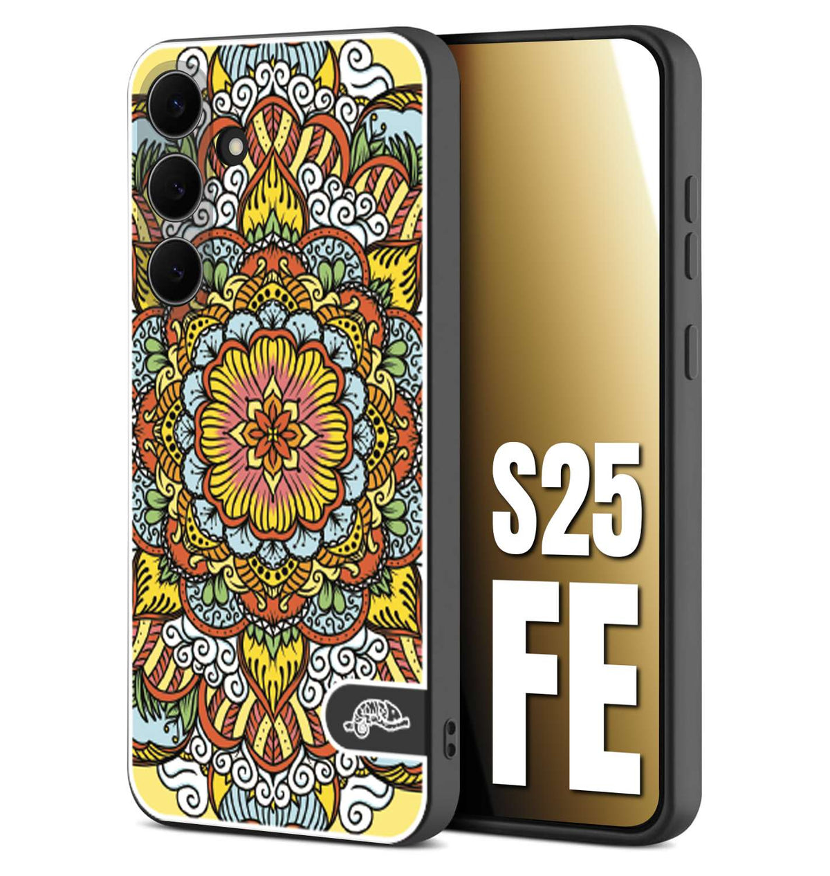 CUSTOMIZZA - Custodia cover nera morbida in tpu compatibile per Samsung S25 FE mandala colorato fiore nuvole arancione