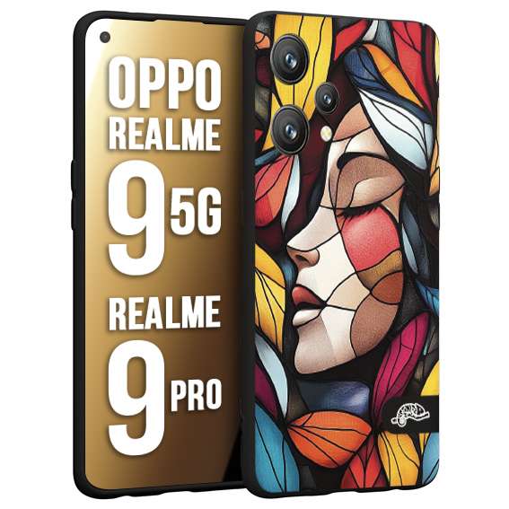 CUSTOMIZZA - Custodia cover nera morbida in tpu compatibile per Realme 9 5G - 9 PRO Vetrata artistica volto di donna profilo fogliare mosaico di vetro colorato