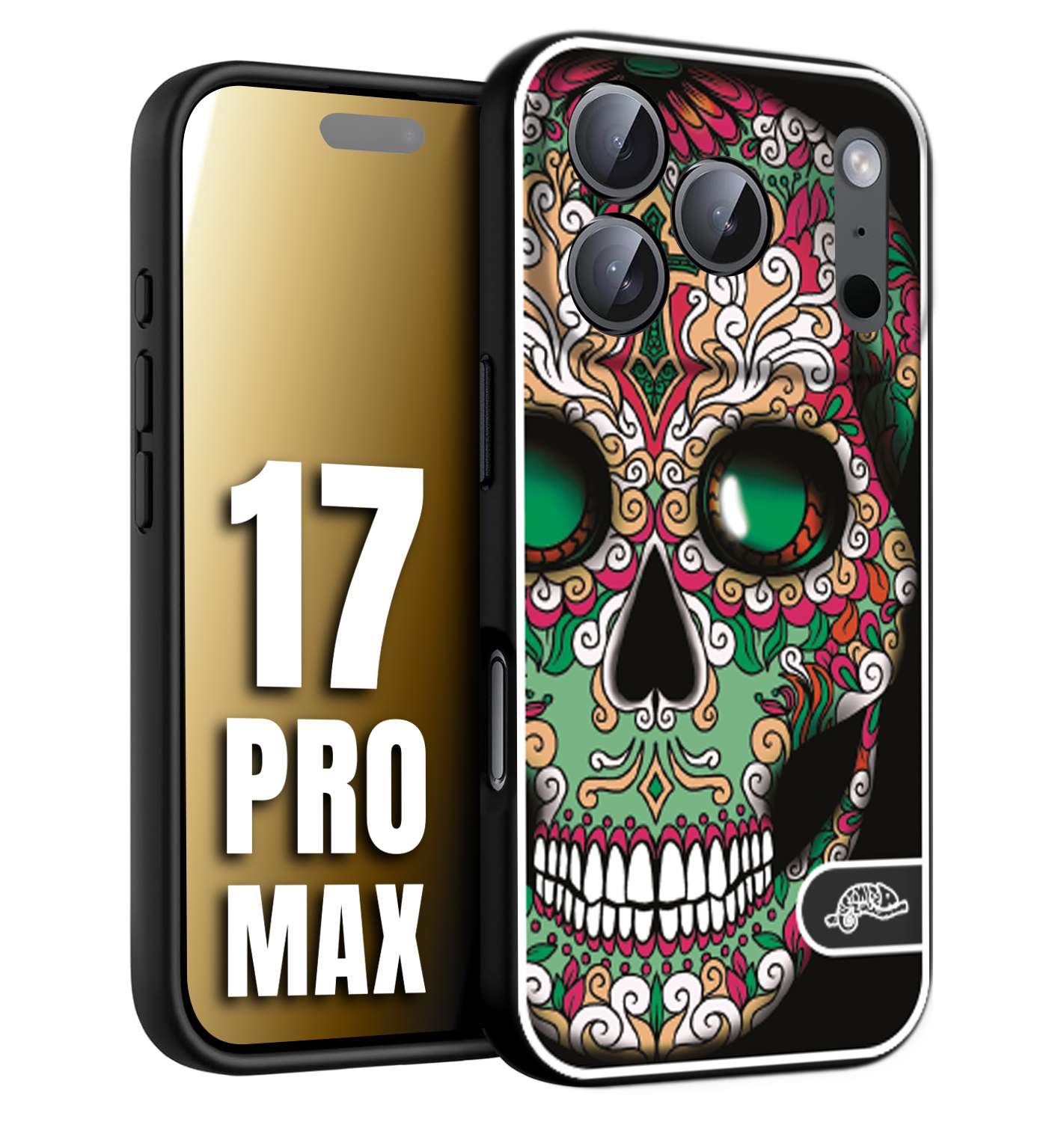 CUSTOMIZZA - Custodia cover nera morbida in tpu compatibile per iPhone 17 PRO MAX teschio messicano Mexican skull verde fucsia