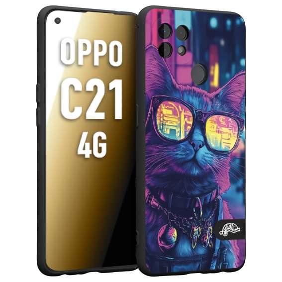 CUSTOMIZZA - Custodia cover nera morbida in tpu compatibile per Realme C21 4G animali cyberpunk gatto street cat fucsia blu giallo