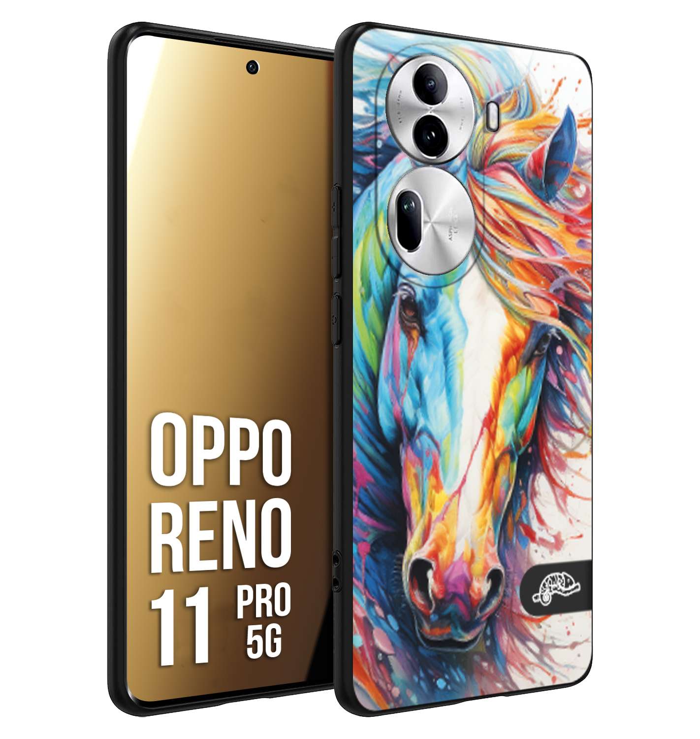 CUSTOMIZZA - Custodia cover nera morbida in tpu compatibile per Oppo Reno 11 PRO 5G animali color cavallo horse viso colori vibranti disegnato schizzo