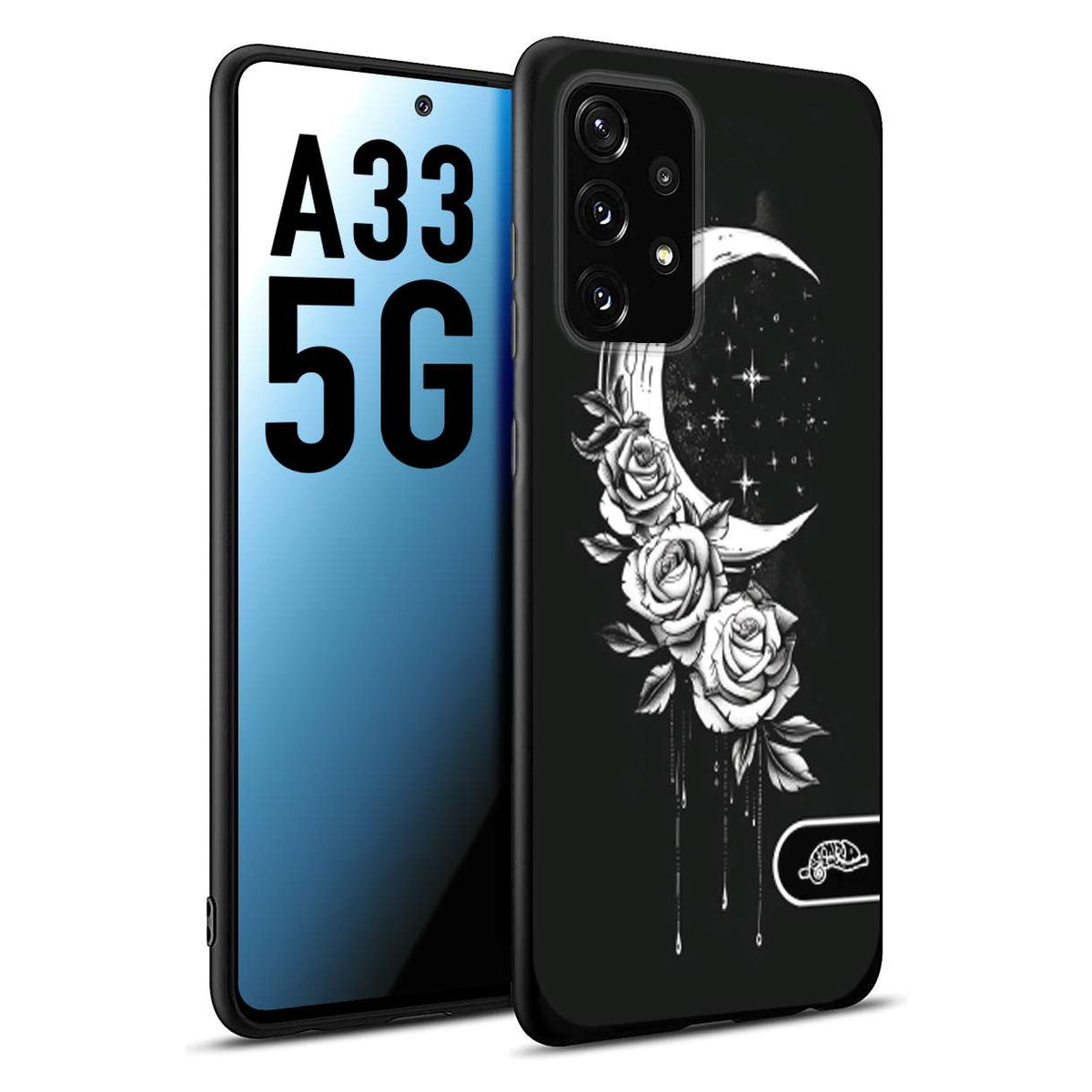 CUSTOMIZZA - Custodia cover nera morbida in tpu compatibile per Samsung A33 5G luna e fiori moon flowers black and white bianco a rilievo disegnato
