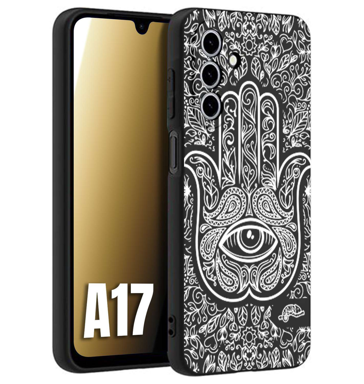 CUSTOMIZZA - Custodia cover nera morbida in tpu compatibile per Samsung A17 mano di fatima effetto rilievo mandala donna