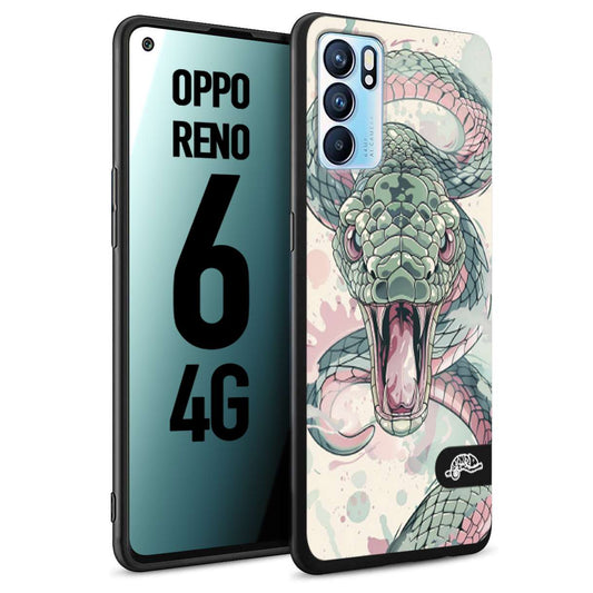 CUSTOMIZZA - Custodia cover nera morbida in tpu compatibile per Oppo Reno 6 4G snake pink green serpente tatuaggio tattoo disegnato a mano