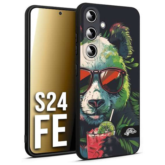CUSTOMIZZA - Custodia cover nera morbida in tpu compatibile per Samsung S24 FE estate disegnata cocktails animali simpatici panda mojito