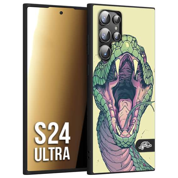 CUSTOMIZZA - Custodia cover nera morbida in tpu compatibile per Samsung S24 ULTRA snake yellow green serpente tatuaggio tattoo disegnato a mano