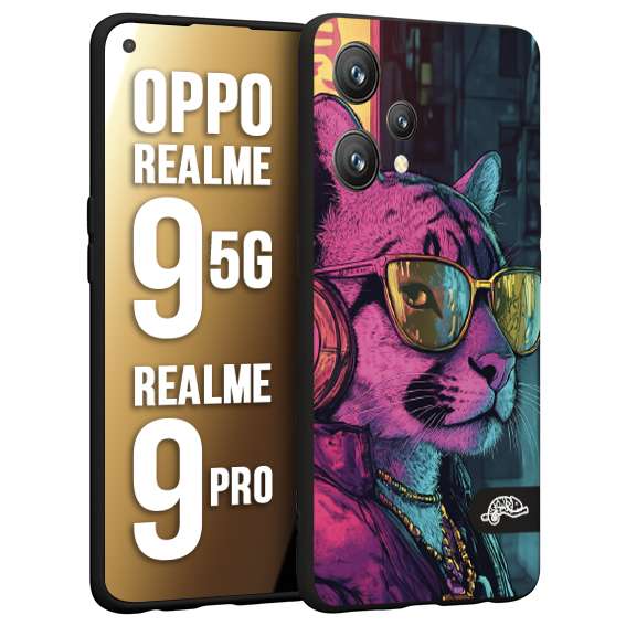 CUSTOMIZZA - Custodia cover nera morbida in tpu compatibile per Realme 9 5G - 9 PRO animali cyberpunk pantera street cat fucsia blu giallo