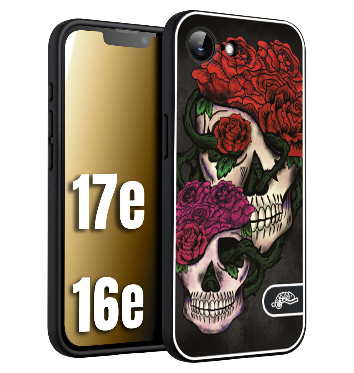CUSTOMIZZA - Custodia cover nera morbida in tpu compatibile per iPhone 16E - 17E teschi e rose rosse fucsia skull and roses