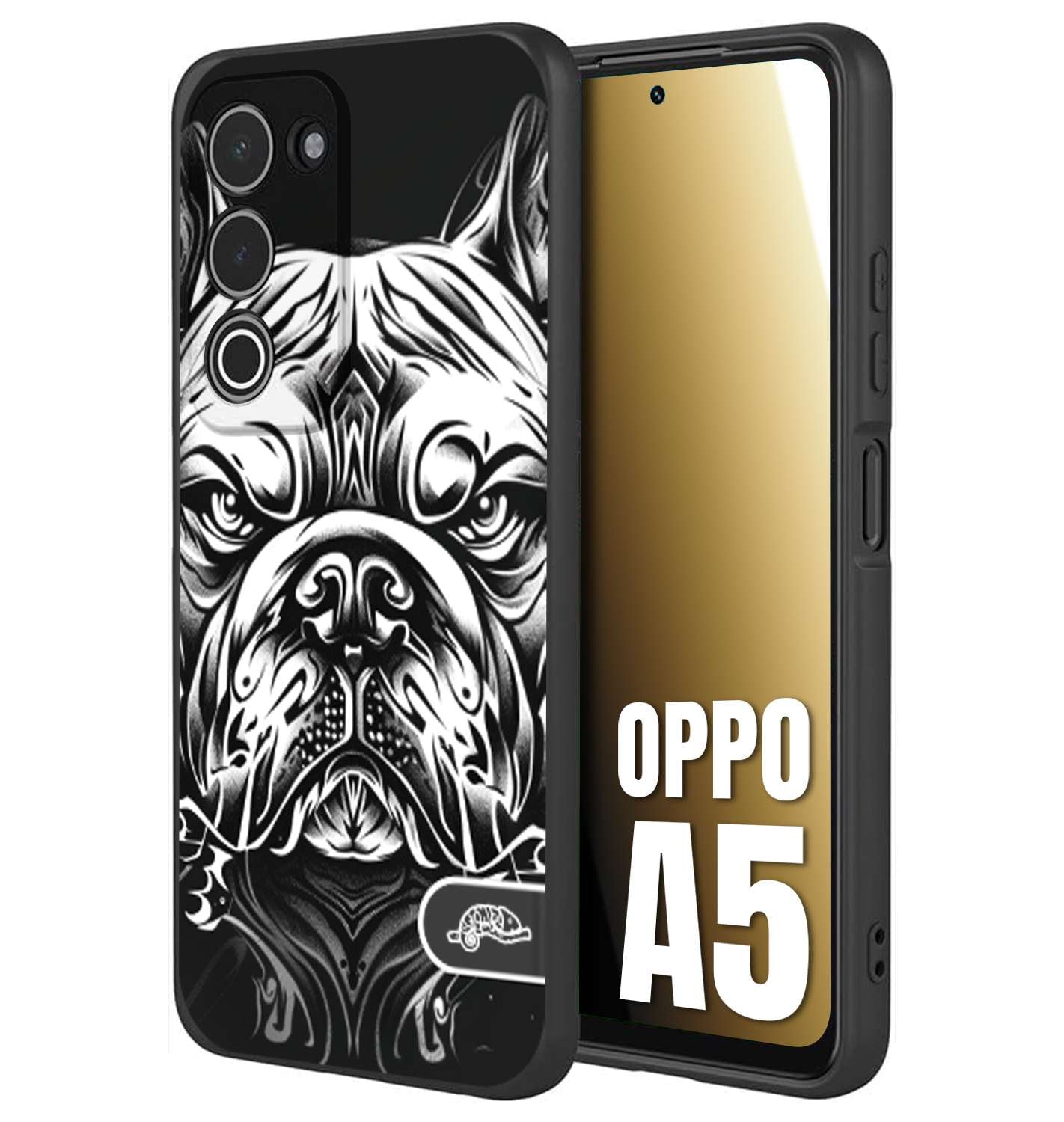 CUSTOMIZZA - Custodia cover nera morbida in tpu compatibile per Oppo A5 bulldog bianco a rilievo disegnato tattoo tatuaggio