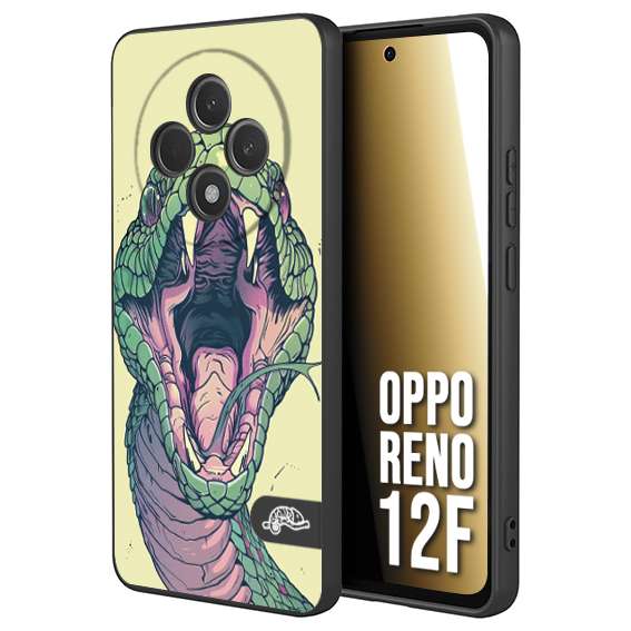 CUSTOMIZZA - Custodia cover nera morbida in tpu compatibile per Oppo Reno 12F snake yellow green serpente tatuaggio tattoo disegnato a mano