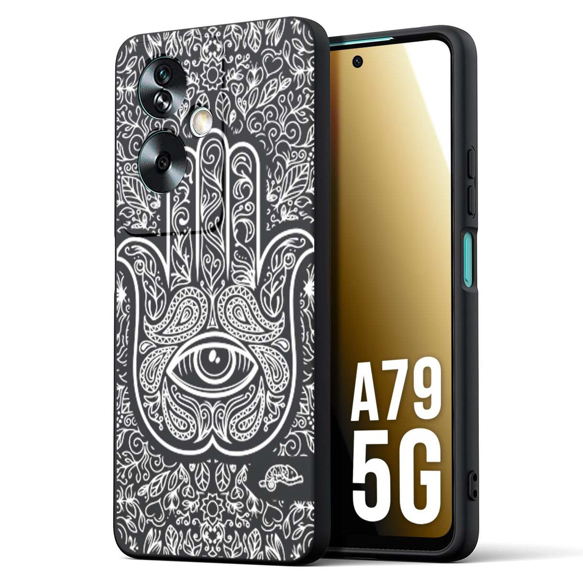 CUSTOMIZZA - Custodia cover nera morbida in tpu compatibile per Oppo A79 5G mano di fatima effetto rilievo mandala donna