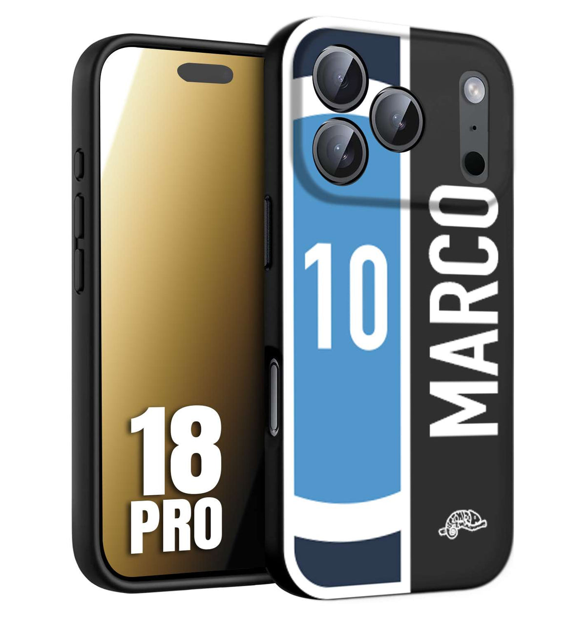 CUSTOMIZZA - Custodia cover nera morbida in tpu compatibile per iPhone 18 PRO personalizzata calcio football nome e numero calciatori biancoazzurri bianco celesti