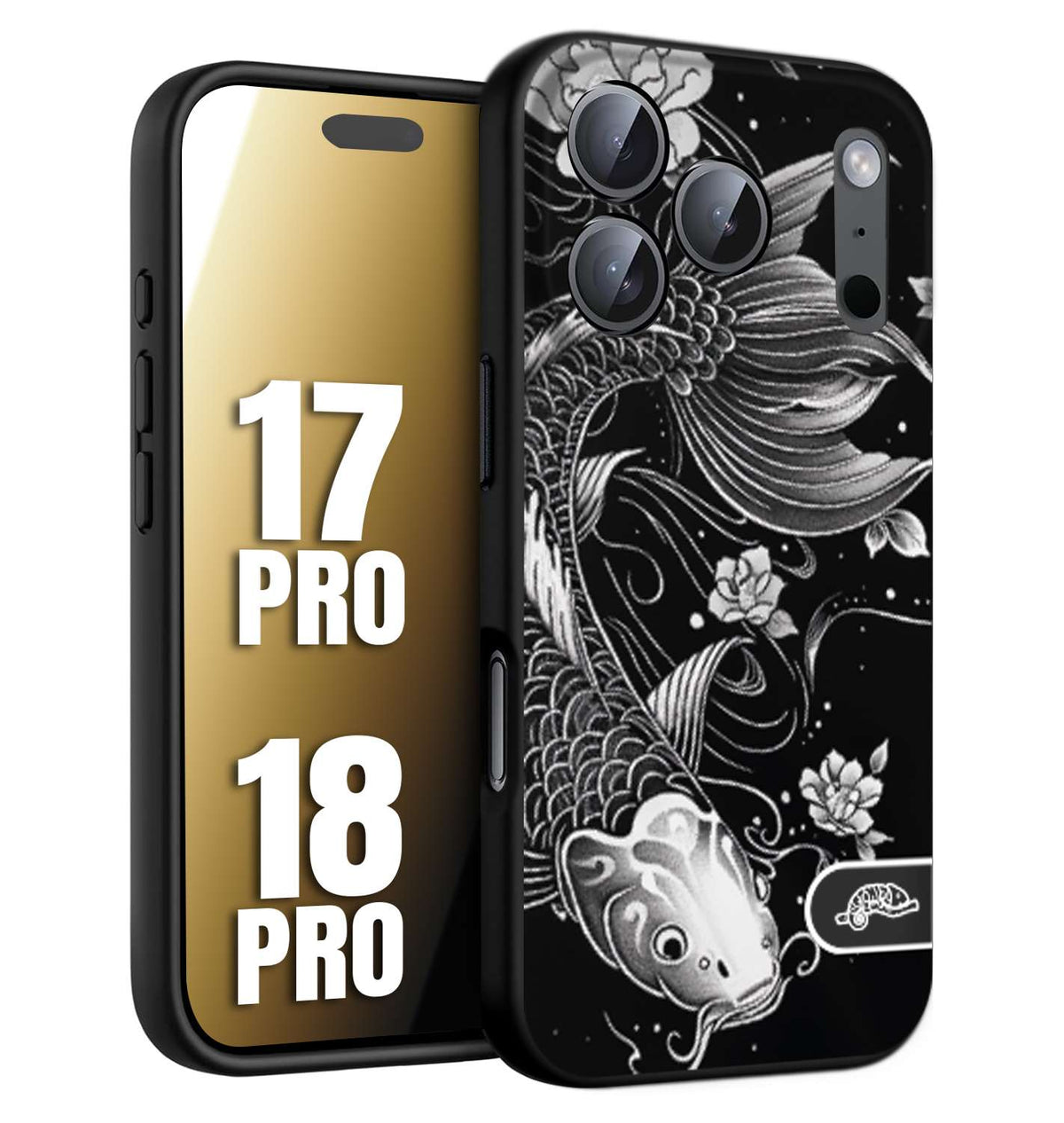 CUSTOMIZZA - Custodia cover nera morbida in tpu compatibile per iPhone 17 PRO - 18 PRO carpa koi black and white bianco a rilievo disegnato tattoo tatuaggio
