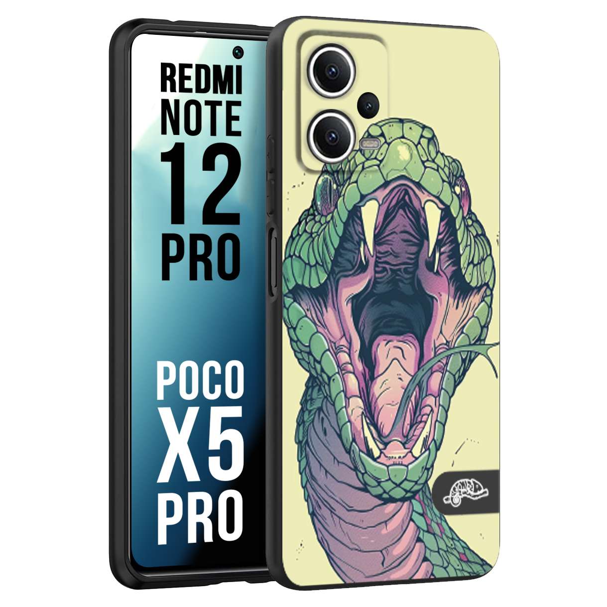 CUSTOMIZZA - Custodia cover nera morbida in tpu compatibile per Xiaomi Redmi Note 12 PRO - POCO X5 PRO snake yellow green serpente tatuaggio tattoo disegnato a mano