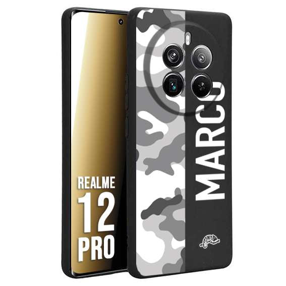 CUSTOMIZZA - Custodia cover nera morbida in tpu compatibile per Realme 12 PRO camouflage mimetico militare personalizzata nome bianco