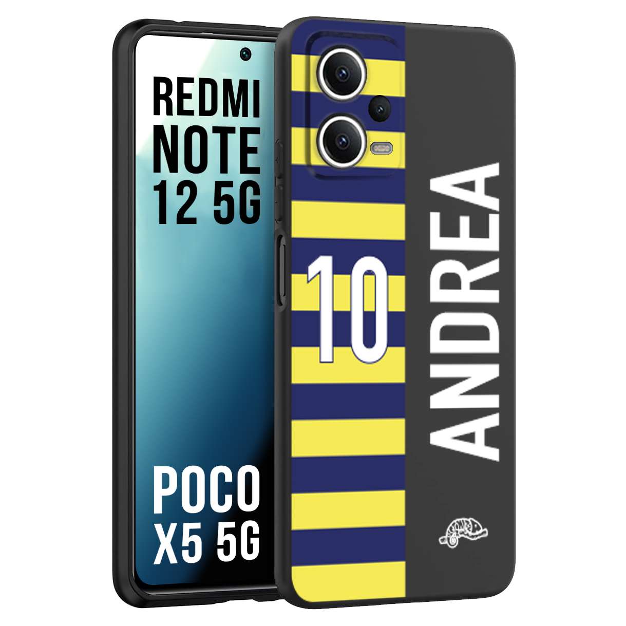 CUSTOMIZZA - Custodia cover nera morbida in tpu compatibile per Xiaomi Redmi Note 12 5G - POCO X5 5G personalizzata calcio football nome e numero calciatori giallo blu